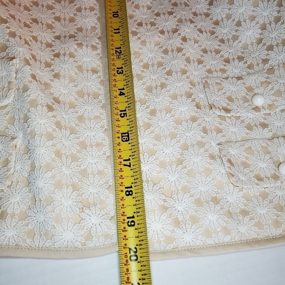 Talbots Womens Open Front Jacket Beige/White Lace Overlay 3/4 Sleeve Size 12P - Picture 12 of 14